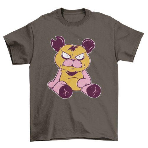 Unisex t-shirt featuring a bold graphic of an angry cartoon bear in yellow, purple, and pink, from Futuristic Outfits