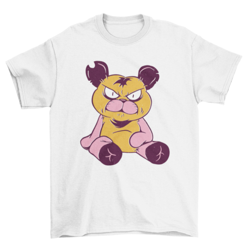 White futuristic outfits t-shirt with a bold cartoon angry bear design, perfect streetwear style