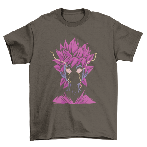 Unisex futuristic brown t-shirt with abstract purple anime character graphic